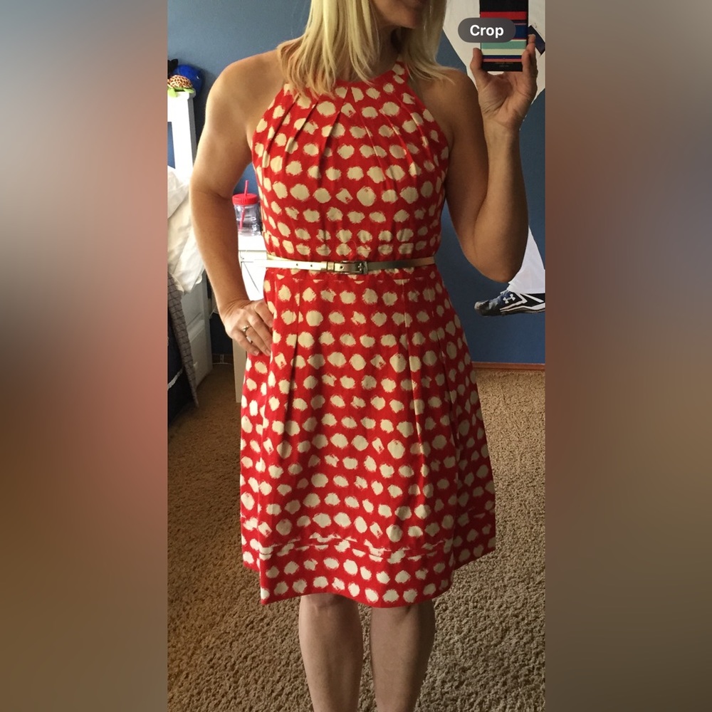 Eliza J Fit n Flare belted dress in orange and white with golf belt. Size 10